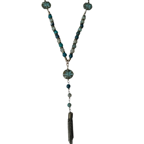 Vintage Boho Beaded Lariat Necklace | Turquoise & Gold Tassel Pendant - Picture 5 of 6